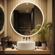 a bathroom with a round mirror above the sink and a potted plant on the counter