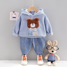 Casual Hooded Winter Set, Casual Blue Winter Sets, Hooded Cotton Sets For Winter, Cotton Hooded Winter Sets, Winter Cotton Hooded Sets, Blue Hooded Sets For Spring, Blue Hooded Spring Sets, Cute Long Sleeve Sets For Winter, Cute Long Sleeve Winter Sets