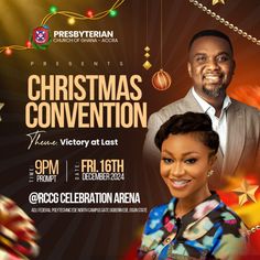 a christmas convention flyer with two people on the front and back side, in bright colors