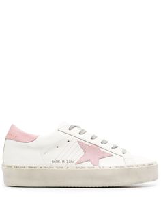 Hi Star platform sneakers from Golden Goose featuring white, light pink, buffalo leather, signature star patch to the sides, distressed finish, contrasting branded heel counter, round toe, front lace-up fastening, branded insole, platform sole and flat rubber sole. Heel 1,6 in / 4 cm; Platform 1 in / 2,5 cm Golden Goose Sneakers Pink, Cute Golden Goose, Pink Golden Goose, Golden Goose Hi Star, Light Pink Shoes, Shoes Golden Goose, Brand Sneakers, Dr Shoes, Expensive Shoes