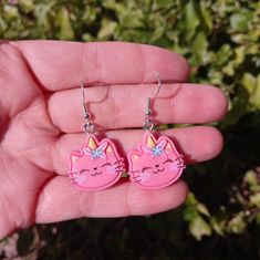 Pink Unicorn Kitty Earrings Handmade Adjustable Kawaii Earrings, Cute Cat Design Dangle Earrings, Pink Cat Design Jewelry With Cat Ears, Cute Cat Design Adjustable Earrings, Adjustable Cute Cat Design Earrings, Trendy Cat Ears Earrings For Gift, Cute Adjustable Cat Design Earrings, Trendy Cat Ears Earrings As Gift, Adjustable Cat Ears Earrings For Gift