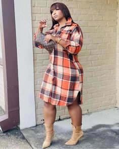 Classic Plaid Shirt Single-breasted Woolen Coat Casual Midi Dress, Midi Dress Casual, Fall Fashion Outfits, Long Shirt, Plus Size Fashion, Fall Outfits, Types Of Sleeves, Autumn Fashion, Casual Outfits