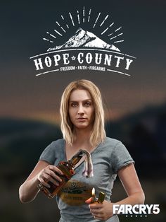 a woman holding a bottle with the words hope county above her head and mountains in the background