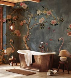 an ornate bathroom with flamingos and flowers painted on the wall, along with a claw foot bathtub