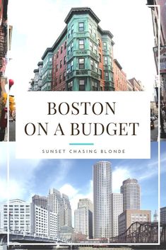 the boston on a budget sign in front of a cityscape with tall buildings