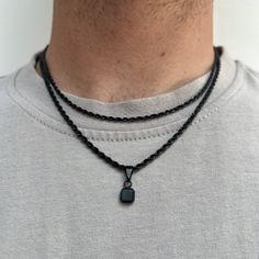 Mini Black Onyx Stone Pendant Necklace Men - Can be purchased with or without the chain. Created using real cuts of an onyx stone. Every stone is unique making this the perfect gift/ present. Also Available in 18K Gold. Other Gemstones: Lapis Lazuli (Natural) & Opal (Lab Created). Pendant size: 7.5mm x 7.5mm  ✔️Hypoallergenic & Safe to wear in Water - This Necklace will not irritate your skin or fade ✔️Pendant can be removed from the chain (or purchased without a chain) - Great for adding to oth Men With Necklaces Mens Fashion, Black Necklace Men, Black Pendant Charm Necklace With Chain, Black Rope Chain Necklace As Gift, Black Square Pendant Necklace With Box Chain, Modern Black Necklace With Box Chain, Modern Black Necklace With Square Pendant, Minimalist Black Square Pendant Necklace, Everyday Black Pendant Necklace