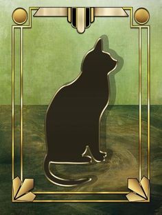 a black cat sitting on top of a green floor next to an art deco frame