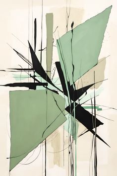 an abstract painting with black and green lines on it's sides, in shades of gray