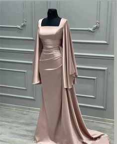 Muslim Satin Mermaid Evening Dress Long Sleeves Champagne Square Collar Wedding Occasion Gowns Dubai Court Train Prom Dress, Elegant Silk Dresses, Soiree Dresses, Modest Dresses Fashion, Soiree Dress, Gowns Dresses Elegant, Prom Inspo, Elegant Dresses Classy, Prom Dresses Modest