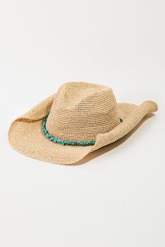 This sun hat introduces a stunning faux turquoise beaded strap woven style. Step into a world of refined taste as this accessory effortlessly refines the details of your outfit. Turquoise Country Hat For Beach, Turquoise Hats For Spring Beach Outings, Summer Fedora Hat With Beaded Detail, Turquoise Hats For Beach In Spring, Country Style Turquoise Hat For The Beach, Turquoise Beach Hat For Spring, Western Style One-size Beach Hat, Summer Beach Hat Bands, Bohemian Beach Fedora, One Size