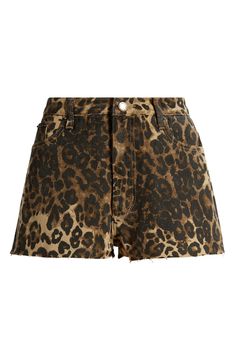 A fierce print fires up denim day with these nonstretch shorts cut from sturdy cotton. 1 1/2" inseam; 28" leg opening; 11" front rise; 15 1/2" back rise (size 8) Exclusive retailer Zip fly with button closure Five-pocket style 100% cotton Machine wash, line dry Imported Cheetah Print Shorts, Jade Outfits, Cheetah Shorts, Light Grey Leggings, Throwing Fits, Leopard Outfits, Leopard Shorts, High School Outfit, Leopard Print Shorts