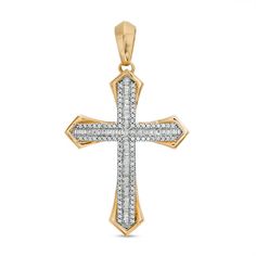 A chic representation of his faith, this diamond cross necklace charm is sure to be worn often. Created in 10K gold, this choice showcases a cross-shaped design lined with channel-set baguette-cut diamonds. Ribbons of round diamonds border the center while polished flared edges complete this Gothic-style look. Radiant with 1 ct. t.w. of diamonds and a brilliant buffed luster, this charm is ready to add to his favorite chain, sold separately. Luxury Cross-shaped Diamond Cut Necklace, Diamond Accented Cross Necklace, Luxury Pendant Cross Necklace With Diamond Accents, Luxury Cross Pendant Necklace With Diamond Accents, Luxury Diamond Accented Crucifix Cross Necklace, Luxury Diamond Cut Cross Pendant Necklace, Diamond Cut Crucifix Necklace, Yellow Gold Cross Pendant Necklace With Diamond Accents, Yellow Gold Cross Necklace With Diamond Accents