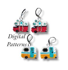 four pieces of beaded earrings with the words digital patterns written on them and an image of a bus