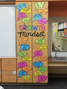 a bulletin board with words written on it in front of a classroom desk and mirror