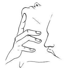 a drawing of a woman's face being held up to her chest by two hands