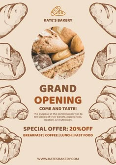 an advertisement for a bakery with breads and pastries on it's side