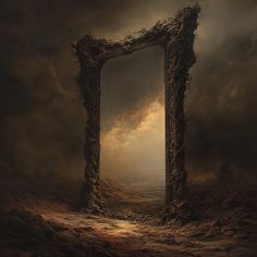 an open door in the middle of a field with dark clouds behind it and light coming through