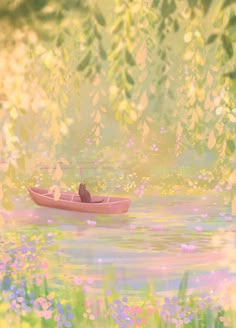 a painting of a person in a boat floating on water with flowers and trees around