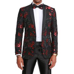 Elevate Your Style With The Tazio Floral Pattern Single Breasted Jacket. This Sleek, Slim-Fit Jacket Boasts A Captivating Shiny Red Floral Pattern Against A Two-Tone Black Backdrop, Ensuring You Shine With Elegance And Confidence. With A Single-Button Closure, Shawl Collar, And A Myriad Of Pockets, This Jacket Effortlessly Combines Timeless Sophistication With Modern Flair. Underarm Sweat Guards And An Interior French Facing Add Practicality And Durability To This Statement Piece. Perfect For Fo Black Formal Outerwear For Holidays, Formal Black Holiday Outerwear, Long Sleeve Suits For Black-tie Events In Fall, Red Festive Semi-formal Blazer, Red Tuxedo Blazer For Party, Red Tuxedo Blazer For Winter, Red Notch Lapel Outerwear For Party, Red Long Sleeve Tuxedo Suit, Red Long Sleeve Tuxedo For Semi-formal Occasions