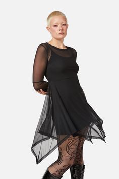 black Witchy Dress, Boat Style, Boat Fashion, Dress 16, Mesh Dress, Flared Sleeves, V Shape, Fern, Fabric Care