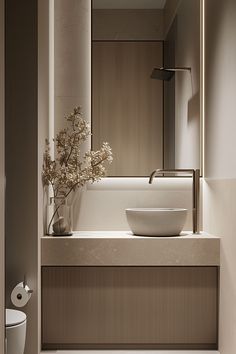 a white bowl sitting on top of a bathroom sink next to a toilet and mirror