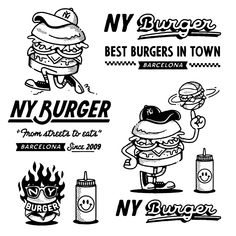 the logos for burgers in new york are drawn by hand and ink on paper