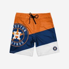 Dominate summer style the same way your team dominates their opponents. These Houston Astros Cropped Logo Colorblock Boardshorts will have you ready for every pool party, beach day, and barbecue. Features Diagonal, multi-team colored design so you can let your true colors shine Large cropped team logo on front right leg that lets you show off your legendary team spirit AND your toned calf muscles Small team logo on front left leg so there's no question who you're rooting for Adjustable drawstrin Sports Swimwear For Beach Season, Sporty Swim Trunks With Built-in Shorts For Summer, Sporty Swim Trunks For Poolside Vacation, Sporty Swimwear For Surfing And Vacation, Sporty Swimwear For Surfing Vacation, Beachwear Athletic Shorts With Moisture-wicking, Beachwear Moisture-wicking Athletic Shorts, Summer Beachwear Sports Shorts, Summer Throwback Style Short Bottoms