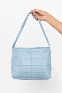 Blue Quilted Leather Shoulder Bag, Quilted Leather Shoulder Bag With Double Handle, Chic Blue Quilted Shoulder Bag, Quilted Shoulder Bag For On-the-go, Quilted Double Handle Shoulder Bag For Everyday, Quilted Rectangular Shoulder Bag For On-the-go, Quilted Leather Satchel For Everyday Use, Chic Blue Quilted Bag, Everyday Quilted Satchel Bag