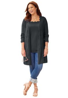 Our Pointelle Cardigan is not only comfy and cozy but is hands down chic. It brings a nonchalant fashionable ease to your look. Whether layered over a flattering tunic or paired with your favorite jeans, it dresses up or dresses down your outfit beautifully. FABRIC: A delicately textured pattern that's super soft, lightweight, and airy. FIT: The easy-wearing silhouette drapes the body beautifully. Designed with long sleeves with a scallop edge finish at the sleeves and hem, plus side slits.  55% Nordstrom Plus Size Outfits, Plus Size Sweaters For Women, Clothes For Women Over 50 Plus Size, Plus Size Fashion For Women Over 50, Business Casual Outfits For Plus Size Women, Over 60 Fashion Plus Size, Cardigan Outfit Plus Size, Plus Size Classic Style, Plus Size Professional