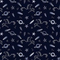 an image of a pattern that looks like stars and aliens on a blue background with silver sparkles