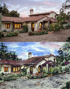 the before and after painting of a house in watercolor on paper, then painted with colored pencils