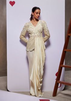 Tailored for modern celebrations, our Eleanor jacket set epitomizes glamour and sophistication, catering to the refined taste of today's woman. This set boasts a heavily embellished drape jacket and skirt for an exquisite touch. Draped Dress Outfit, Indo Western Outfits For Women, Western Lehenga, Draped Jacket, Indian Dresses For Women, Western Dresses For Women, Heavy Dresses, Royalty Aesthetic