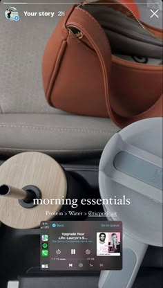 an image of a car dashboard with the word morning essentials on it and various purses