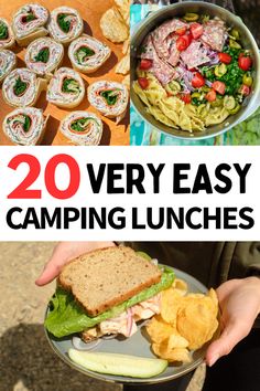 the words 20 very easy camping lunches are in front of an image of food