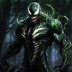 a green and white spider man in the woods with his hands on his hipss