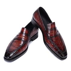 New handmade mens burgundy crocodile patterned dress shoes, men brown formal shoes, alligators print, good year welted shoes Alligator Dress Shoes, Alligator And Crocodile, Loafers Dress, Men Lifestyle, Mens Leather Loafers, African Dresses Men, Sneakers Dress, Dress Shoes For Men, Alligator Shoes