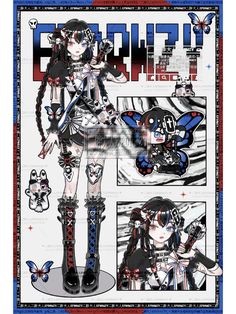 an anime character with long hair and black boots is shown in this poster, which features images