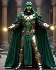 a man dressed in a green and gold costume with his hands out to the side