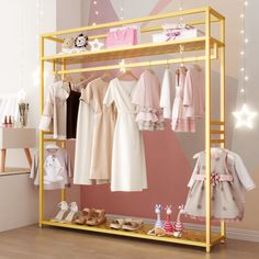 PRICES MAY VARY. ✩Maximize Your Storage: This gold clothing rack features 2 shelves, top rod and 6 side bars, creating large storage space, can support piles of clothes, such as heavy winter coats, heavy luggage, handbags, fashion shoes. And there are 3 bars on each side, you can easily put your scarves, tie or towels on it or only for children use. ✩High Enough: This metal rolling clothes rack is high enough, your trousers, long coats, long dress, robe will not hang down to the bottom shelf or Bedroom Clothes Rack, Shelf On Wheels, Shelf Clothing Rack, Clothes Rack Closet, Gold Clothes, Rack Closet, Rolling Rack, Metal Clothes Rack, Hanging Coat Rack