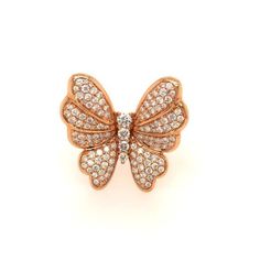 18k rose gold diamond butterfly ring with round brilliant cut diamonds weighing 1.53 carats total of F color, VS2 clarity. This item is currently out of stock. Please allow 4-6 weeks for delivery. Please note this item is a special order and non-refundable. Luxury Diamond Butterfly Ring, Elegant Rose Gold Diamond Butterfly Ring, Formal Rose Gold Diamond Butterfly Ring, Diamond Butterfly Ring, Diamond Butterfly, Butterfly Ring, Rose Gold Diamonds, Round Brilliant Cut Diamond, Round Brilliant Cut