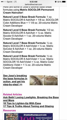 Base breaker Haircolor Formulas, Matrix Hair Color, Hair Formula, Matrix Hair, Redken Shades, Color Formulas, Hair Color Formulas, Hair Secrets, Redken Shades Eq