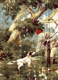 a painting of two men and a dog in the woods