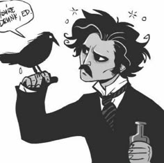 a drawing of a man with a crow on his shoulder and an empty bottle in front of him