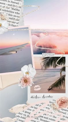 a collage of photos with flowers, clouds and the ocean in the back ground