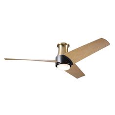 a ceiling fan with two wooden blades and a light on the blade is shown in front of a white background