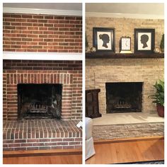 two pictures of a brick fireplace in a living room with wood floors and framed photos on the mantle