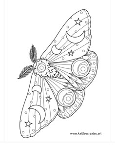 a black and white drawing of a butterfly with stars on it's wings,