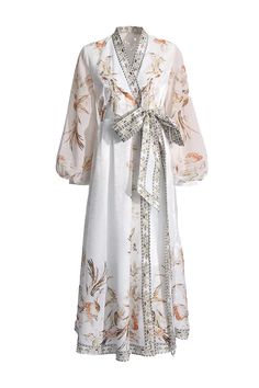 Feminine Floral Print Maxi Dress With Surplice Neckline, Garden Party Floral Wrap Dress With Surplice Neckline, Elegant Beige Floral Dress With V-neck, Elegant Beige Floral Dress V-neck, Elegant Beige V-neck Floral Dress, White Floral Print V-neck Wrap Dress, Elegant Long Sleeve Beach Wrap Dress, Floral Print Wrap Dress For Vacation, Beige Midi Dress With Surplice Neckline For Spring