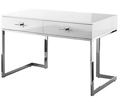 a white desk with two drawers on one side and a chrome frame around the top