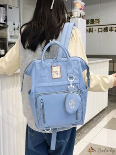 BirdinBag - Preppy Style Patch Detail Backpack: Versatile School Bag with Adjustable Strap and Functional Purse Aesthetic School Bags, Functional Backpack, Letter Bag, Backpack Patches, Aesthetic School, Cute Patches, Estilo Preppy, Style Preppy, Blue Backpack